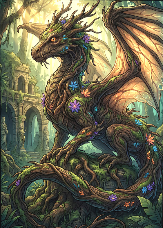 Nature Dragon in Ancient Ruins — metal poster wall art by Lineer